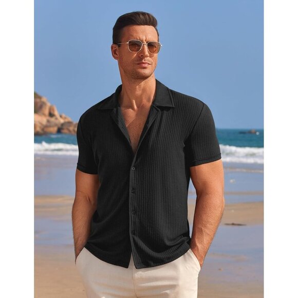 Mens Knit Button Down Shirt Short Sleeve Button Up Shirt Summer Casual Beach Top - Picture 2 of 5